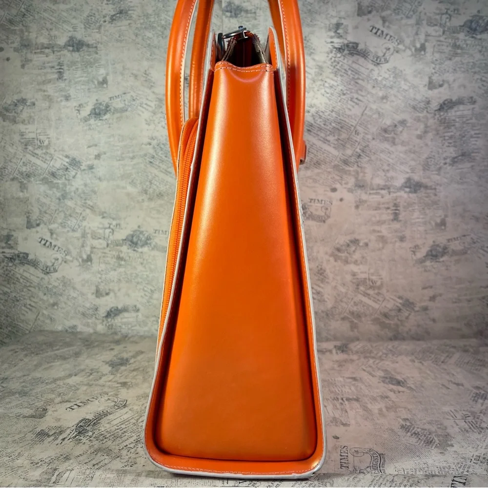 Structured Orange Leather Laptop Tote Bag with Double Handles